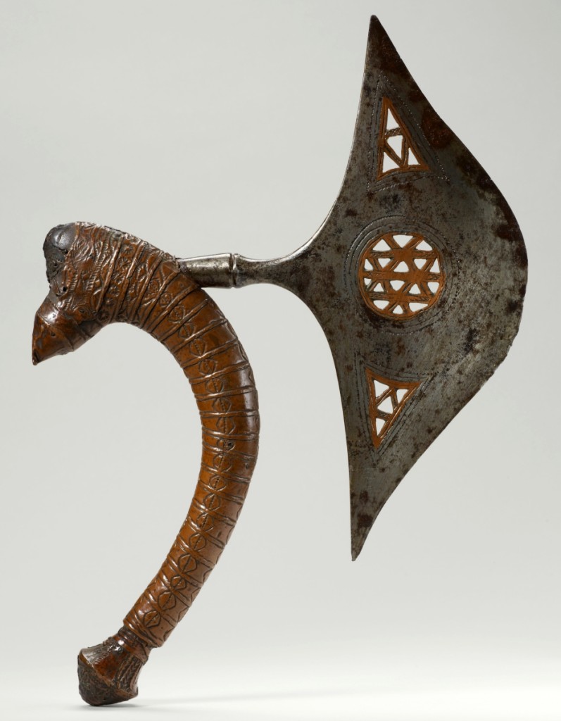 In this single work, the artist employed chiseling, punching, inlaying, chasing, engraving, scoring, raising, wrapping, stamping and embossing, among other techniques. Such a blade added to a blacksmith’s honor and influence in the community, with both owner and artist distinguished every time it was displayed in public. Ceremonial axe by Chokwe or Lunda artist, Democratic Republic of the Congo, early Twentieth Century. Wood, iron, copper. Musée du quai Branly-Jacques Chirac, Paris.