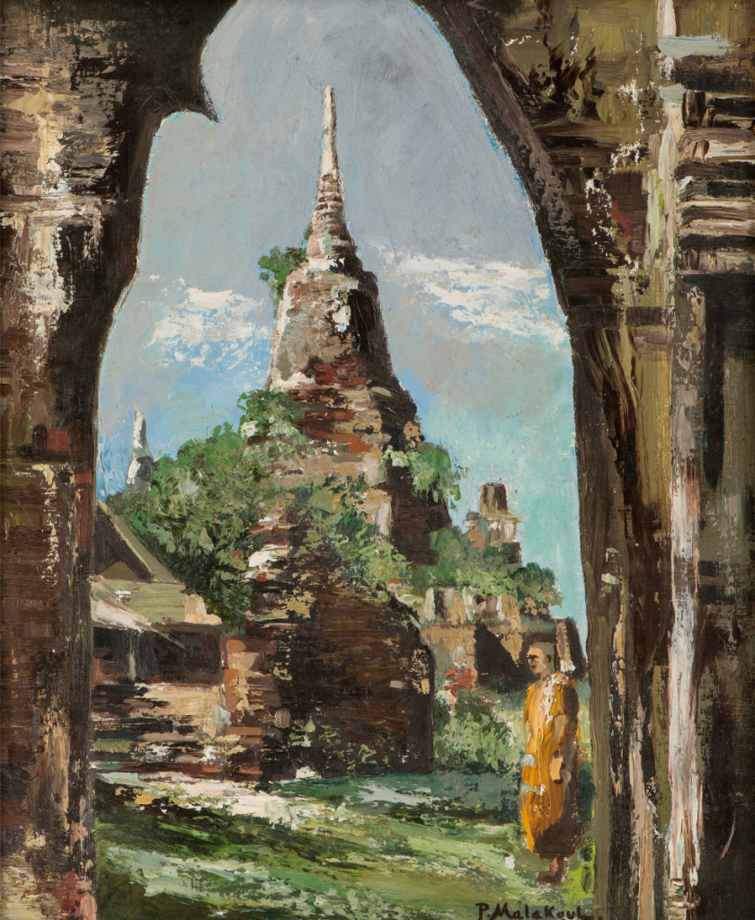 ML Poum Malakoul (Thai French, 1910–1973), a Thai pagoda seen through an archway, signed and dated 1960, 18¾ by 15½ inches (sight size), was estimated at $ ,000 but sold at $8,750.