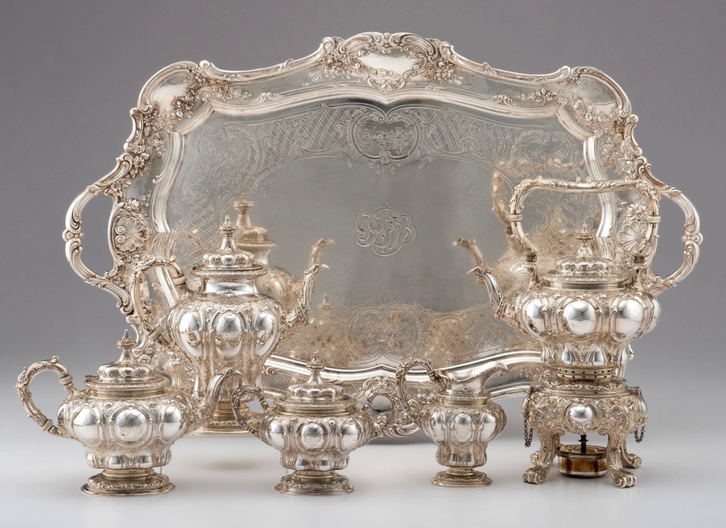 This six-piece Gorham rococo sterling silver tea and coffee service with “extraordinary craftsmanship” realized $11,875.
