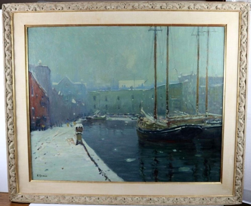 Arthur Clifton Goodman (1864–1929) was known for his paintings of Boston. This one, tilted “T Wharf,” was a Boston harbor winter scene. It had an exhibition label from the Museum of Fine Arts, Boston, and it sold for $7,020.