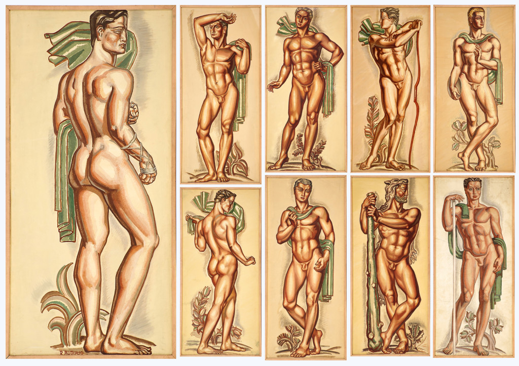 Nine gouache, charcoal and graphite on fabric-backed paper studies by René Buthaud were offered separately and all sold. The studies were executed for a 1937 commission to design four massive vases for Bordeaux’s Stade Chaban-Delmas, then called the Stade du Parc Lescure. The work at left sold the highest, fetching $7,500. The others sold between there and $3,000. The vases still stand at the stadium today.