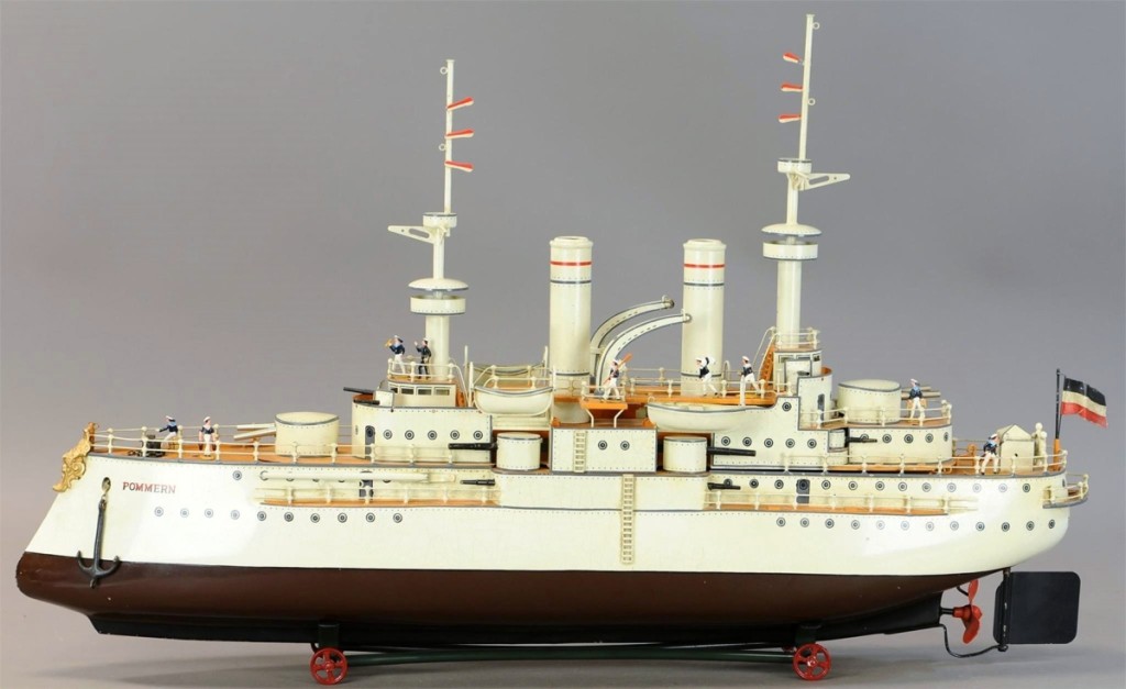 Marklin Pommern Battleship Medium is a superbly detailed live steam battleship of 34 inches length, that would look perfectly displayed on a mantel. It has been professionally restored to appear as it would have been in 1918. The selling price of $21,600 was under the high estimate.