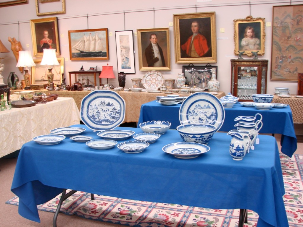 A portion of the large collection of blue and white Canton. Some pieces were sold individually and some in lots.