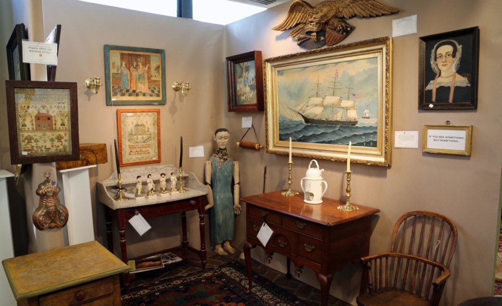 The Spanish Colonial Santos figure in the corner of Hanes & Ruskin’s booth was made from tropical mahogany and had articulated arms. Old Lyme, Conn.