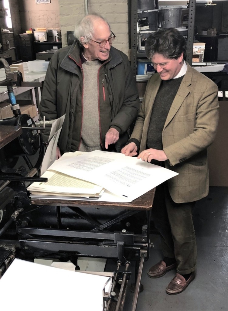 Scholar Morrison H. Heckscher and publisher Luke Ives Pontifell review pages at Thornwillow, the fine press Pontifell operates in Newburgh, N.Y.