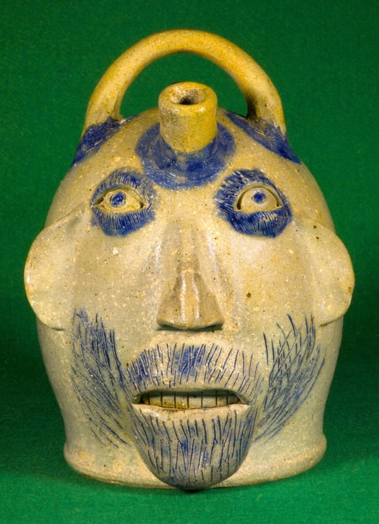 Face jug by Charles F. Decker (1832–1914), Keystone Pottery, Washington County, Tenn. Salt-glazed stoneware with cobalt details, height 9¾ inches.
