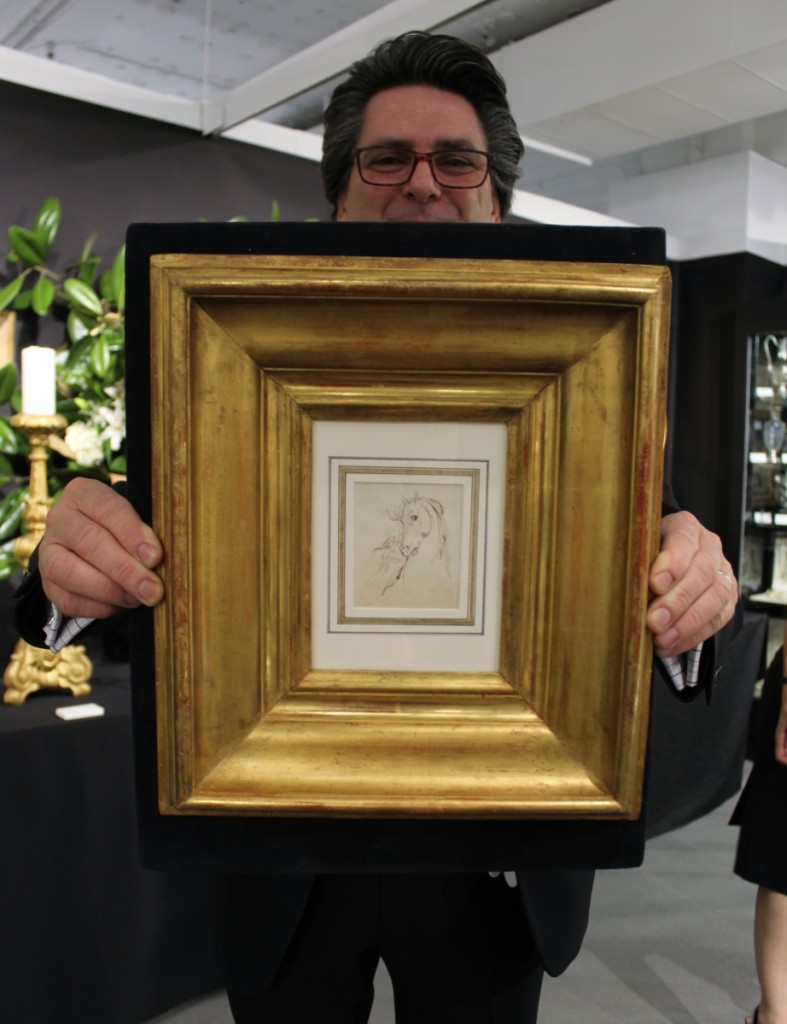 Thierry Doussiere holding an ink drawing of a horse by Leon Cogniet. Silver Art by D&R, Marseille, France & Baltimore, Md.