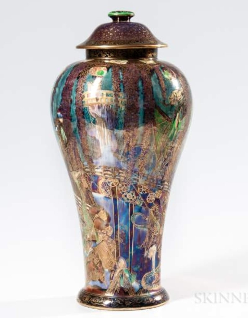 Bidders were enchanted with the Wedgwood Fairyland Lustre temple on a rock vase with cover, which hit the high mark of the sale when it sold for $61,500 to the Museum of Fine Arts, Boston ($15/25,000).
