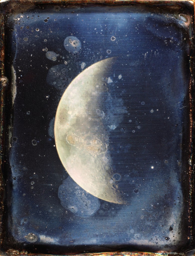 "View of the Moon" by John Adams Whipple, (American, 1822–1891),1852. Daguerreotype, 3⅞ by 3 inches. John G. Wolbach Library, Harvard College Observatory, Cambridge, Mass.