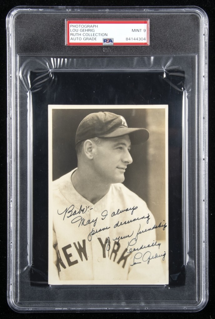 The highest price achieved for an item from the Ruth family collection — and the second highest price fetched in the sale — was $480,000 paid for this photograph of Lou Gehrig with a personal inscription to Ruth. It had been estimated at $100/150,000 and sold to a phone bidder.