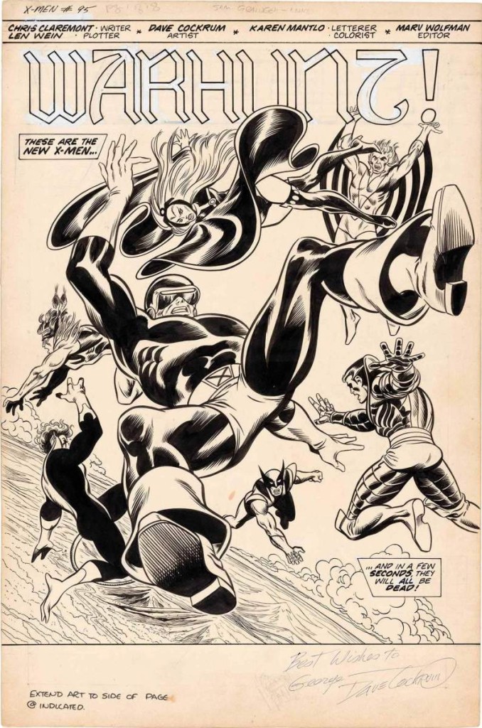 Dave Cockrum (1943–2006), title splash page original art for X-Men Vol. 1 No. 95, Marvel Comics, October 1975, which sold for $75,673.
