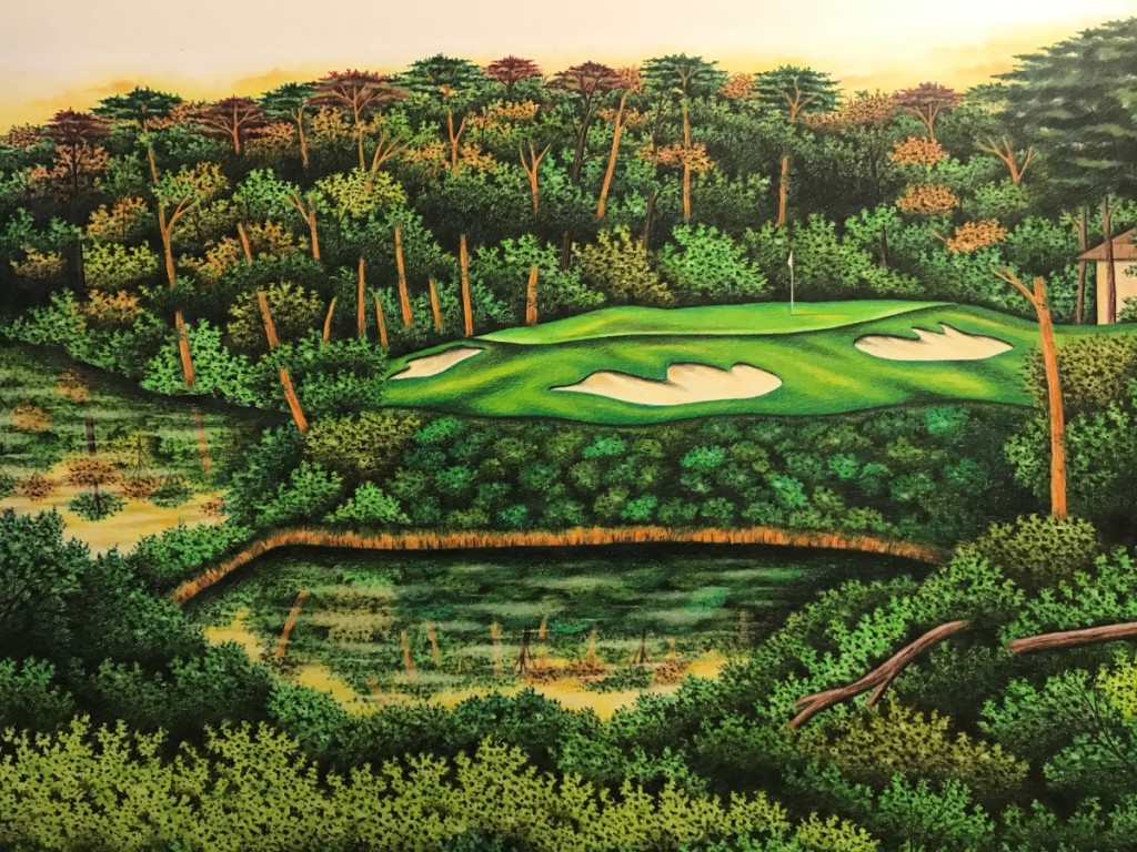 A colored pencil on paper drawing of Japanese golf course Hirono by Valentino Dixon,   20 by 30 inches, 2016.