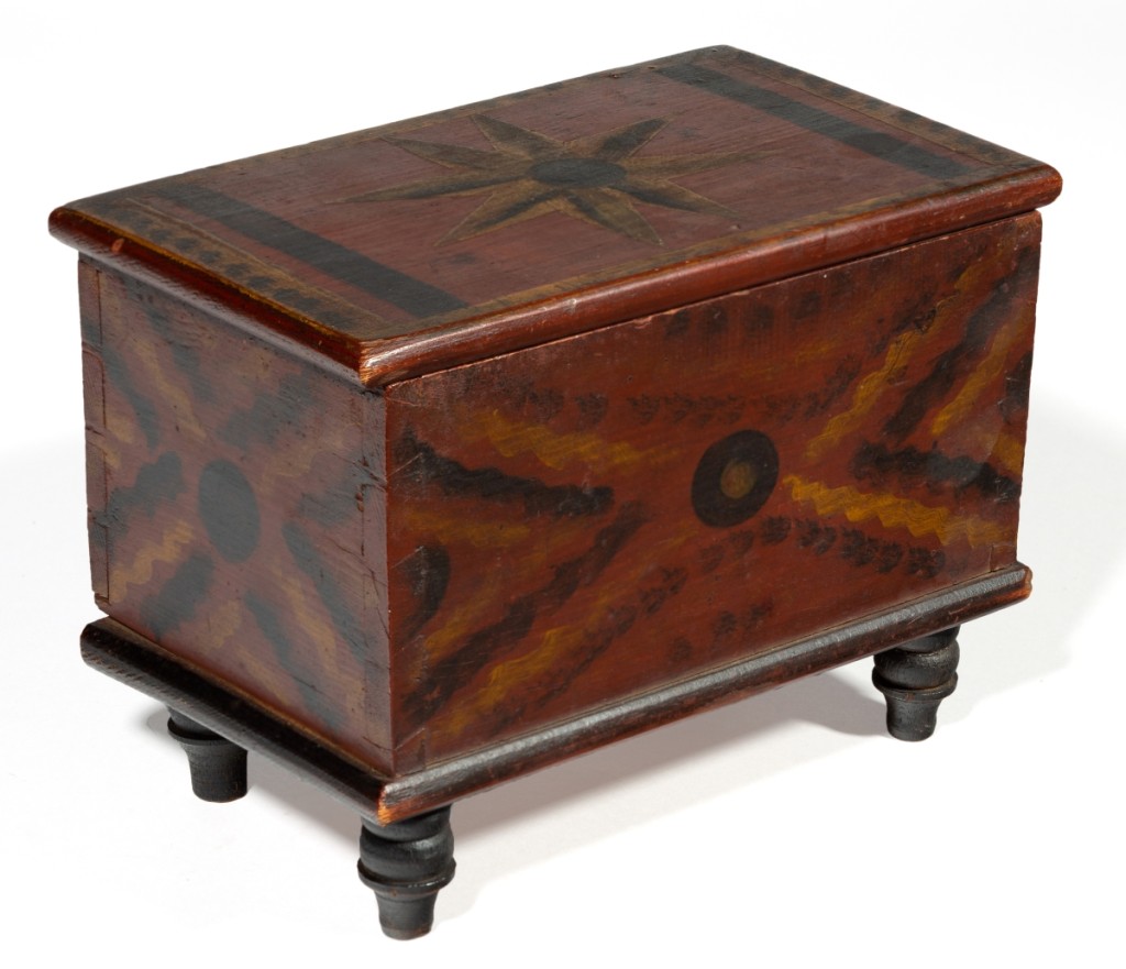 Stirewalt family, Shenandoah Valley Of Virginia, paint-decorated yellow pine diminutive box fetched $12,870.