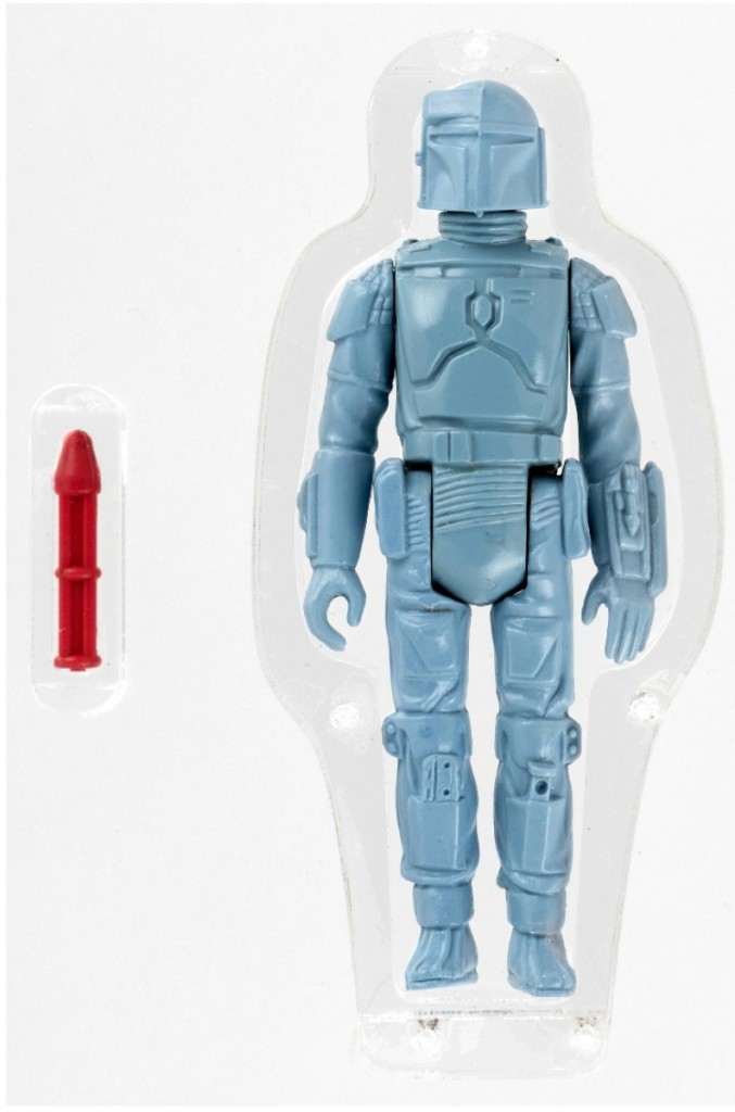 Rocket-firing Boba Fett prototype (L-slot) action figure, 3¾ inches, AFA 85 NM+ condition, Kenner, 1979. Sold for $112,926, the first Star Wars toy to sell for six figures.