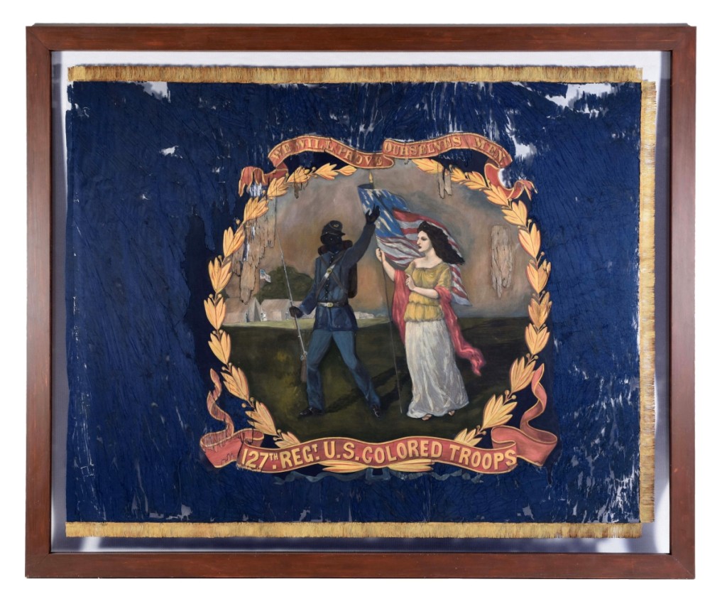 This 1864 battle flag was carried by the 127th Regiment US Colored Troops and hand painted by African American artist and Union troop David Bustill Bowser (1820–1890). It is the only surviving flag of those Bowser created for the 11 Pennsylvania Black regiments, and it finished at $196,800.