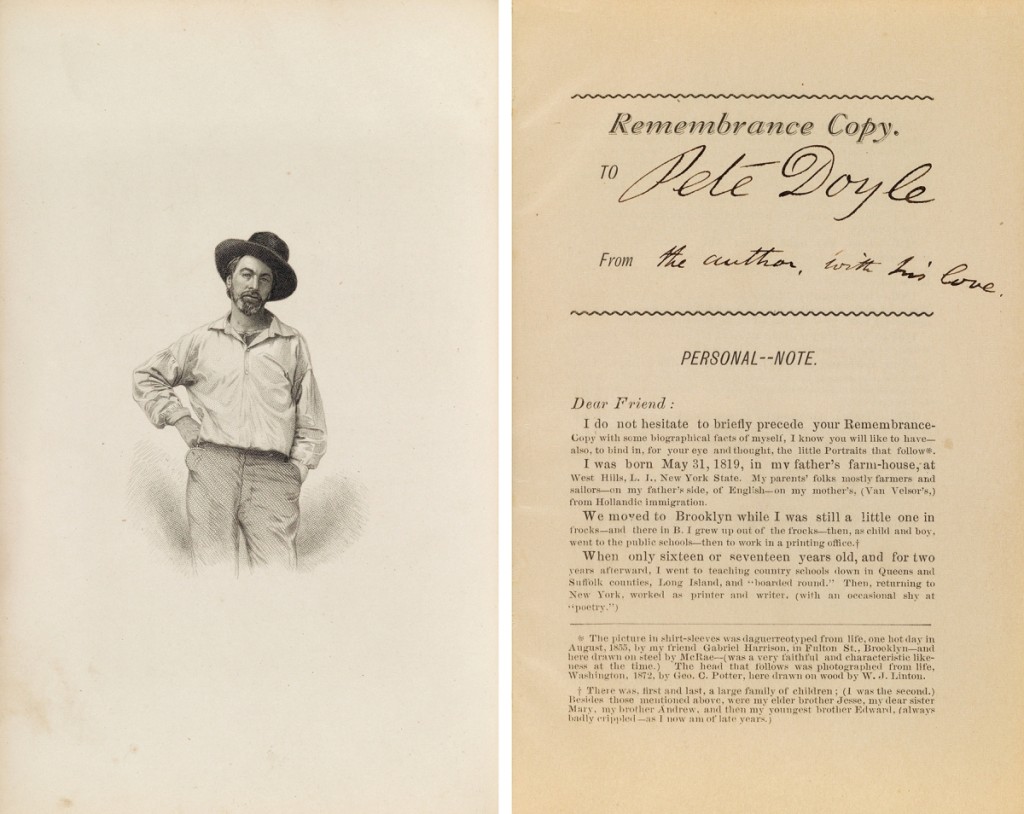 The second-highest price in the sale, and a record for the work, was Walt Whitman’s, Memoranda of the War, remembrance copy, inscribed to Peter Doyle, from “the author with his love.” A private collector on the phone acquired it for $70,000.