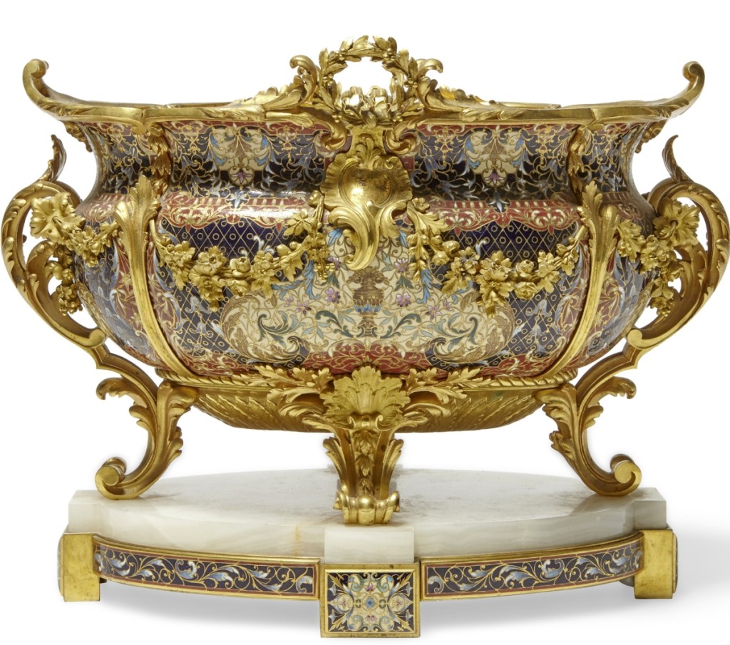 A fine French gilt-bronze, onyx and champlevé enamel table jardinière, second half Nineteenth Century, sold June 24–25, 2019 for $32,575, including buyer’s premium ($15/25,000).