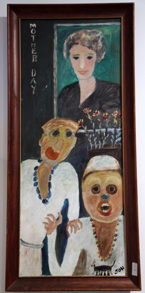 Outsider artist Jon Serl’s 44-by-18-inch oil on canvas titled “Mother Day” would sell for $5,750.