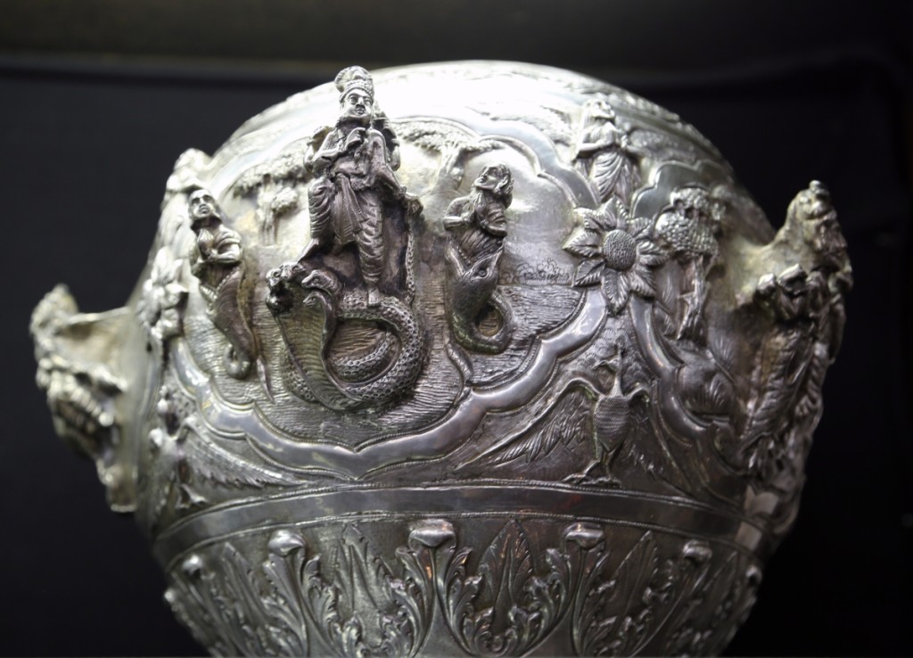 Leading the Burmese silver offerings was this Nineteenth Century bowl with applied figures and detailed repoussé. It would sell for $2,440.