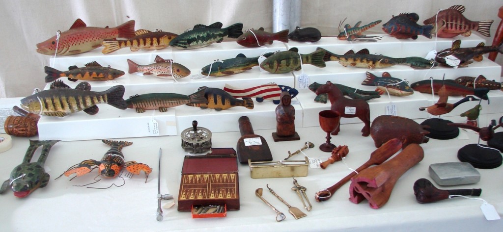 Holden Antiques, Sherman, Conn., had a large selection of fish decoys priced between $55 and $145.