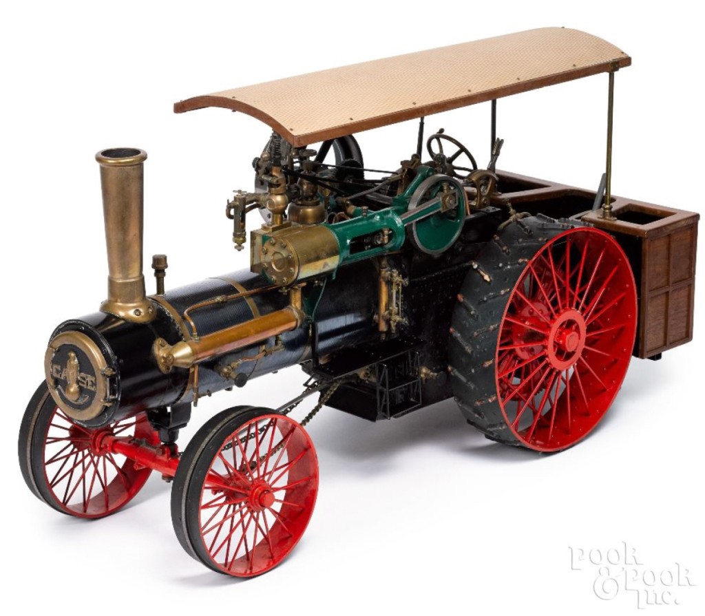 The sale’s top lot, from the Hirschberg collection, was this live steam traction engine model of a 36 horsepower 1912 Case tractor with wood bunkers and wood-framed tin canopy. It was big, measuring 43 inches long, and sold for $13,420.