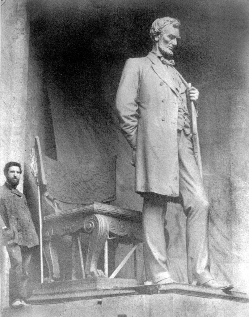 Augustus Saint-Gaudens in his Cornish studio with the completed clay model of the “Standing Lincoln,” 1887, Saint-Gaudens National Historical Park. Image courtesy of the US Department of the Interior, National Park Service, Saint-Gaudens National Historical Park.