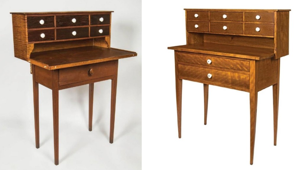With the sewing cabinet adorning the back cover, the tiger maple sewing desk on the left was featured on the frontispiece, and the cherry example on the right on the cover. Both had add-ons of six drawers but that on the left was cataloged as being added about 30 years after its 1849 date of origin. Bottom Sections: left – 37½ by 27 by 17½ inches with a single drawer, framed top and small white porcelain pegs along the edge; right — 38½ by 30½ by 15¾ inches with two drawers and framed top. Prices were $6,765, left, and $22,755, right. In his 1988 sale 30 years ago, Henry sold a similar cherry desk with the add-on and two lower drawers for $12,650. The desk on the right was special because of the inscription “Adoline Cantral May 12 1874 OH” and “No 3” and No. 4” on the bottoms of the drawers in the upper section. OH is Orren Haskins from Hancock. A comparable signed desk is in the Hancock Shaker Museum collection but the top on this one was probably a later addition as can be seen by the difference in the dovetailing, a feature not seen in the Hancock example.