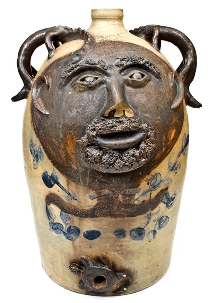 This rare salt-glazed stoneware face cooler (William Wilbur, Ironton, Ohio, circa 1870) shattered world auction records for an American face vessel and Ohio stoneware when it sold for $177,000.