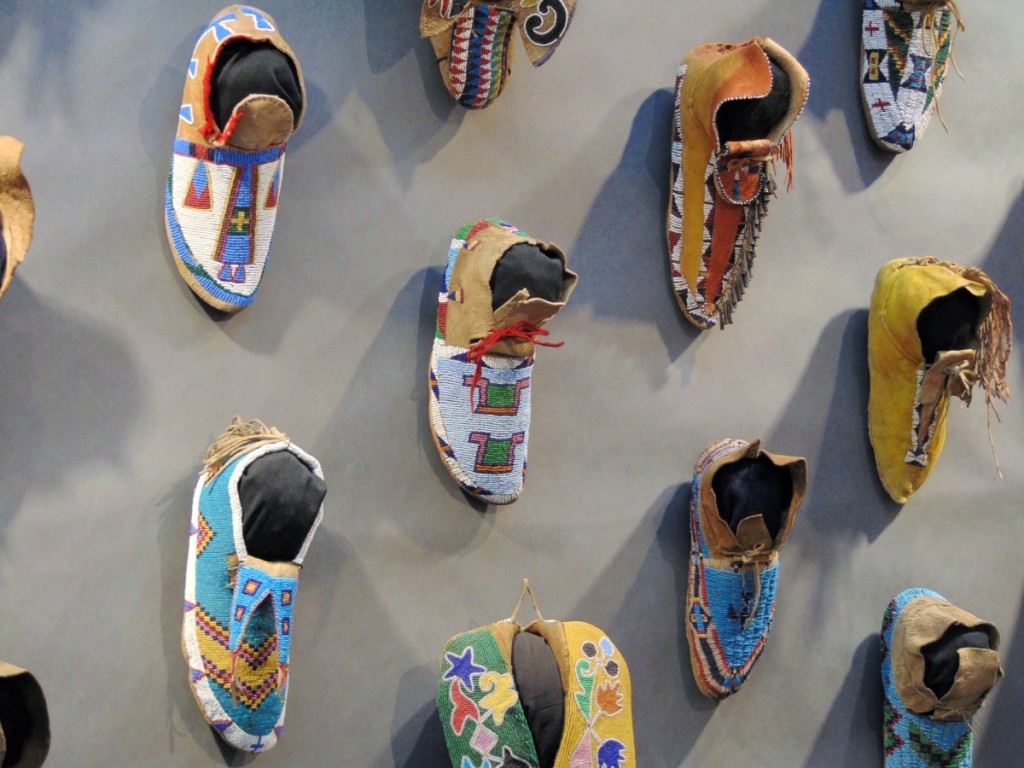 A wide-ranging montage of 20 single moccasins from the Plaines to the Southwest offered by Erich Erdoes / Buffalo Tracks Gallery, Santa Fe.