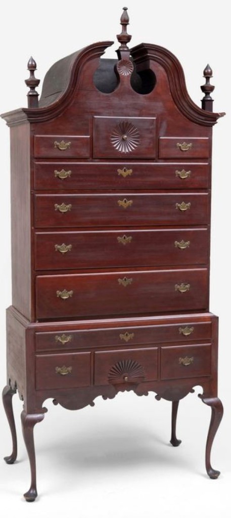 Two private collectors, both bidding on the phone, competed for the top lot of the sale. The Augur-Duryee family Queen Anne cherry high chest of drawers brought $29,520, well within its $25/45,000 estimate.