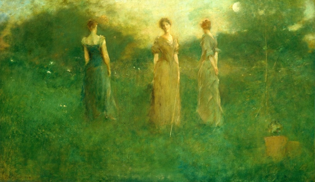 “In The Garden,” circa 1894. Oil on canvas, 20-  by 35 inches. Smithsonian American Art Museum, gift of John Gellatly, 1929. Turning imperceptibly like flowers on a stem, Dewing’s willowy forms echo the long-lined lilies at their feet.