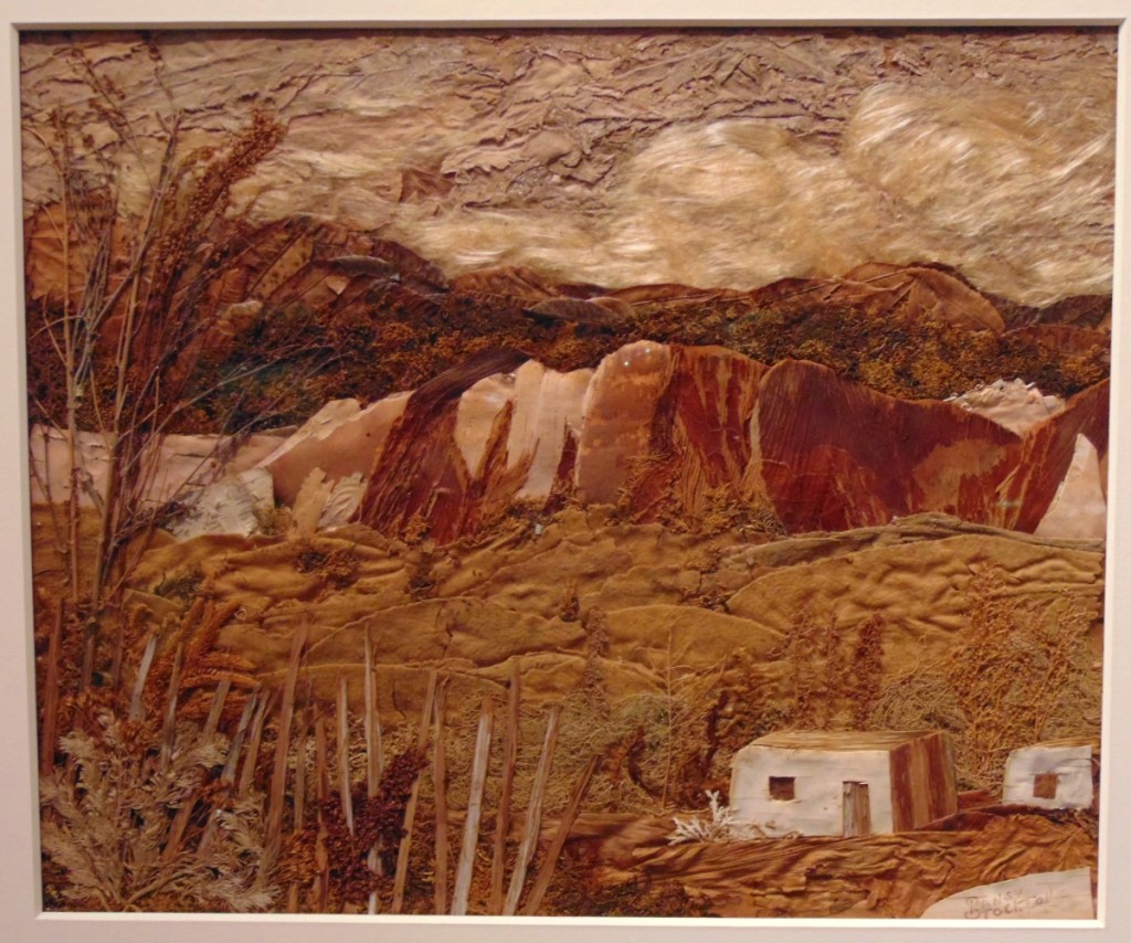 “The Pojoaque Valley, NM” by Pansy Cornelia Stockton (1895-1972). Stockton assembled botanical materials such as barks, weeds, leaves, ferns and twigs, which she used to construct realist landscapes such as this one offered by David Cook Galleries, Denver, offered for $5,500.