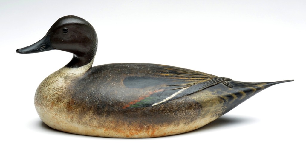 The star of the sale was this pintail drake by Elmer Crowell, which sold for $265,500. This one had been made for Stanley W. Smith of Boston and Orleans on Cape Cod. In addition to the exceptional quality was its rarity: Crowell carved very few pintails as they were not common on Cape Cod.