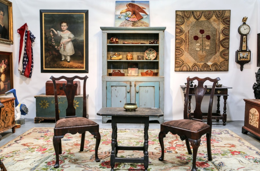 Allentown, Penn., dealer Thurston Nichols American Antiques featured a William and Mary New England turned tea table, circa 1750, at the center of the booth. The dealer also had an exceptional Pennsylvania paint-decorated chest by fraktur artist Heinriech Otto, circa 1790, in its original paint.