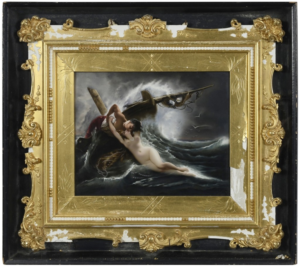 Arguably one of the best results compared to its estimate ($ ,000) was this KPM porcelain plaque titled “The Wave’s Kiss,” which was also from the Funk family collection and closed at $28,800.