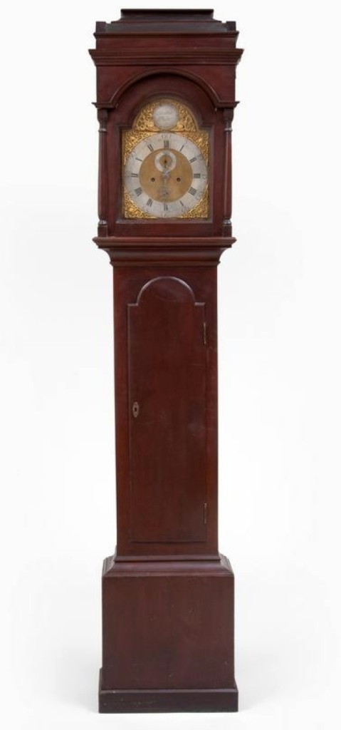 The catalog noted that this Federal cherry tall case clock with dial signed Cornelius Miller had been acquired at a 2013 auction for slightly more than $14,000. Stair got $7,995 for it, which gives a good indication of the fluctuations and trends in the market.