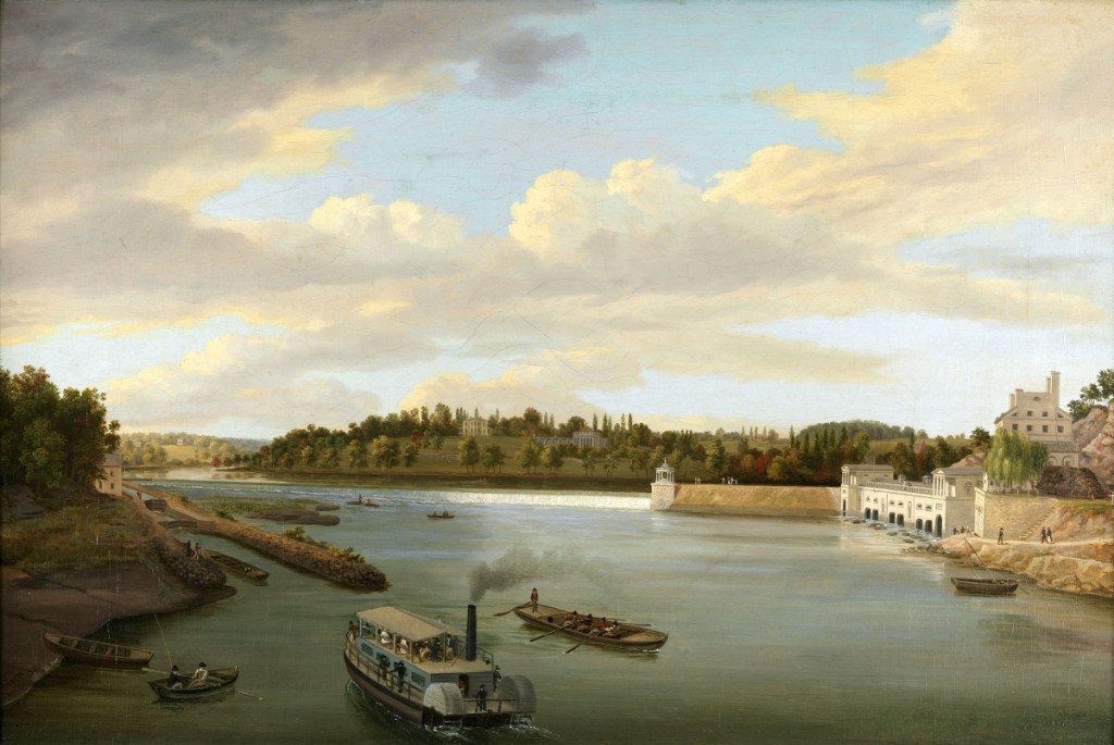 “Fairmount Water Works” by Thomas Birch (1779-1851), 1821. Oil on canvas, 20-  by 30-1/16 inches.   Pennsylvania Academy of the Fine Arts, Philadelphia, bequest of Charles Graff.