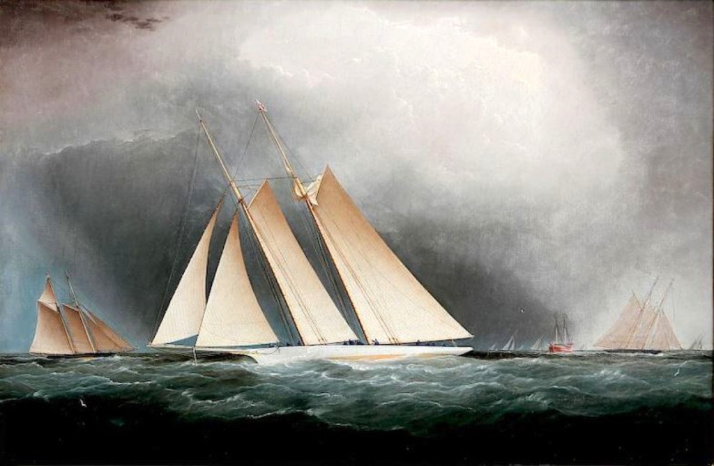 The stormy clouds opened and shone down upon the subject of James Buttersworth’s oil on canvas titled “Portrait of the Yacht America, Racing Off Sandy Hook, With Deck Hands Changing The Sails, August 1870,” $34,160.