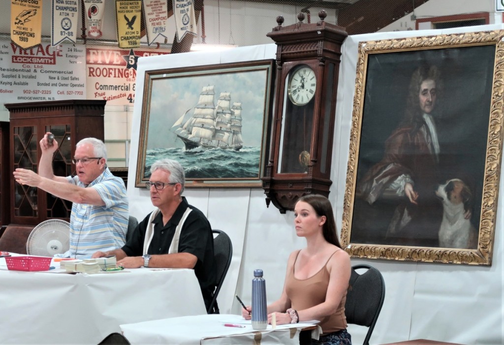 The sale’s cover lot, upper left, was the portrait of the ship the County of Yarmouth, $7,892, by the Cape Breton-born marine artist J. Franklin Wright, known for his depiction of vessels built in the Canadian Maritimes. With a little research, the unidentified portrait of a gentleman and his dog, $3,382, may turn out to be a real find.