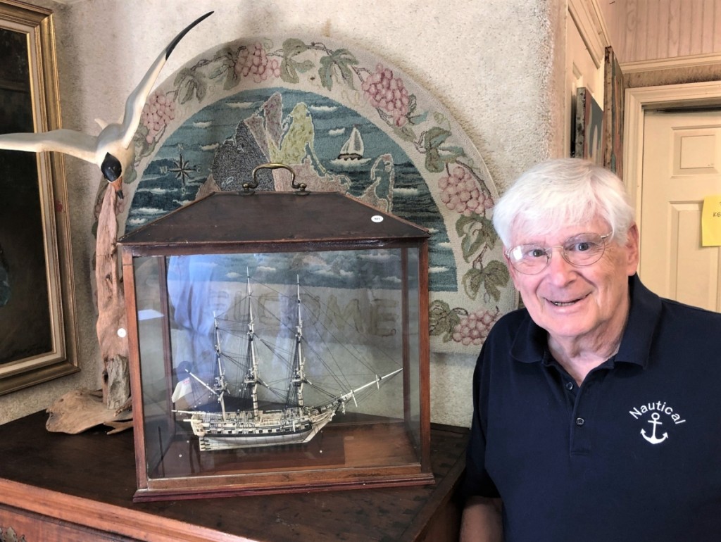 Maine dealer Dave White is booked until next February restoring old ship models. He admired this Napoleonic prisoner-of-war model, $6,000. It was French or English and dated to about 1800. Dr Richard H. Strauss Collection.