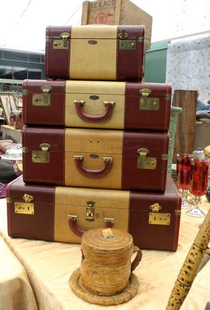 The unique birch bark tea caddy at bottom center was obviously a make-do, according to dealer Mike Coffey. The Pepperell, Mass., dealer, who has been collecting for nearly 60 years, believed it was made to accommodate a teapot with a broken handle, its maker leaving an opening for the spout. The vintage luggage from the 1970s lived up to its purpose in life — traveling. It was seen at the Deerfield show in another dealer’s booth the next day.