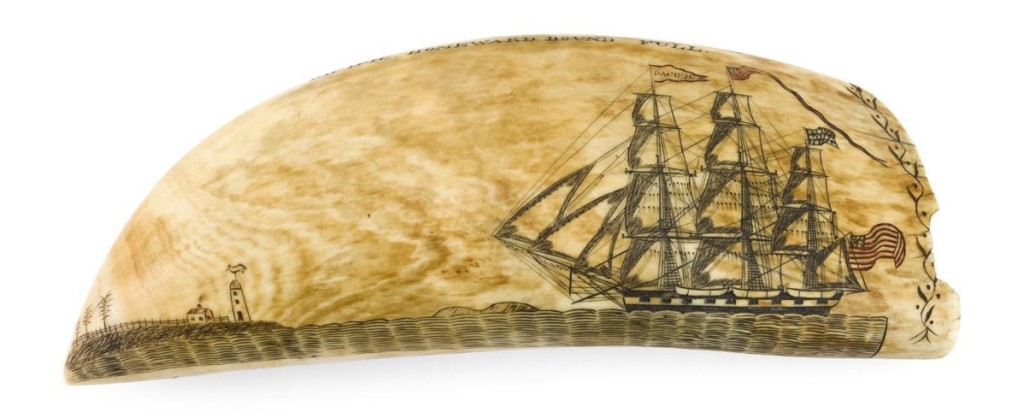 Polychrome scrimshaw whale’s tooth by Edward Burdett, circa 1830–33, length 8 inches, $384,000 ($320/380,000). Eldred’s achieved a record price at auction for scrimshaw when it auctioned a similar Burdett tooth for $456,000 in 2017. Burdett was aboard the William Tell when he engraved this view of the American ship William Thomson capturing a whale. The reverse, depicted here, shows the ship Pacific homeward bound. Inscribed in a cartouche are the words “New Bedford Ships. S.N. Potter. Master.” Various owners.