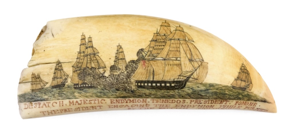 Polychrome scrimshaw whale’s tooth by the Naval Monument engraver with original whaling scene, second quarter of the Nineteenth Century, $84,000 ($60/80,000). This is the only known tooth by the Naval Monument Engraver with an original whaling scene. Most of the carver’s work was sourced from the 1816 and 1837 editions of Abel Bowen’s The Naval Monument. Paul Vardeman Collection.