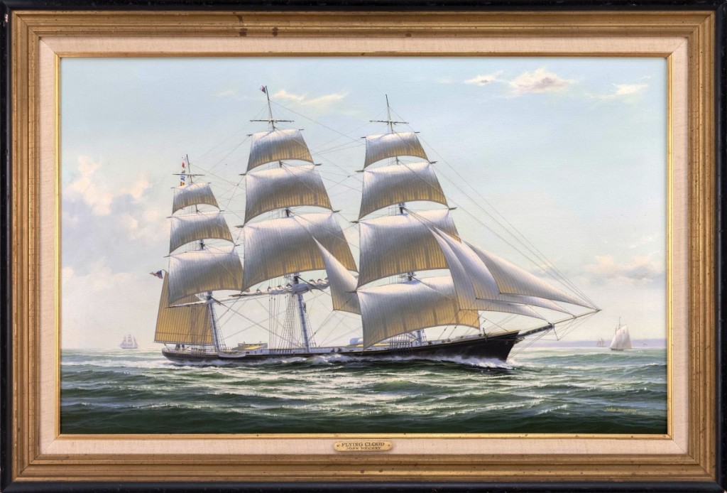 A highlight of the paintings section was this 1982 view of the famous American clipper ship Flying Cloud by John Mecray (1937–2017), $30,000 ($30/50,000). Proceeds from the sale benefited the IYRS School of Technology and Trades in Newport, R.I.