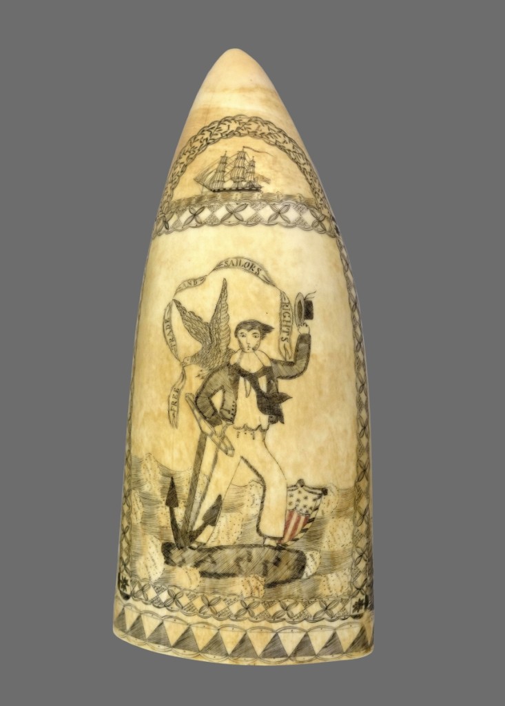 Polychrome scrimshaw whale’s tooth signed by William A. Gilpin, circa 1835, length 6½ inches, $220,000 ($120/160,000). Jack Tar rests on an anchor, an American shield at his feet, in this tooth engraved circa 1835 aboard the ship Ceres of Wilmington, Del. The signature on this documentary piece allowed scholars to identify a group of work previously assigned to the Ceres Artist No. 1. Dr Stuart Frank calls this tooth a “watershed piece” and an “aesthetic tour-de-force.” Sotheby’s auctioned it for $98,500 in 2008. Various owners.