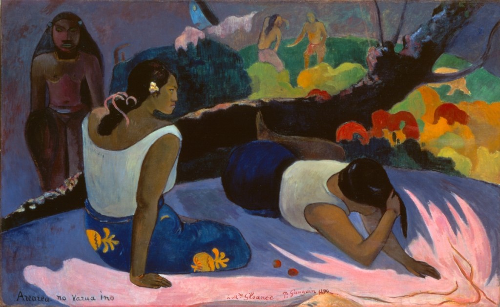 “Reclining Tahitian Women” or “The Amusement of the Evil Spirit (Arearea no varua ino)” by Paul Gauguin, 1894. Oil on canvas, 23-  by 38-9/16 inches. Ny Carlsberg Glyptotek, Copenhagen.