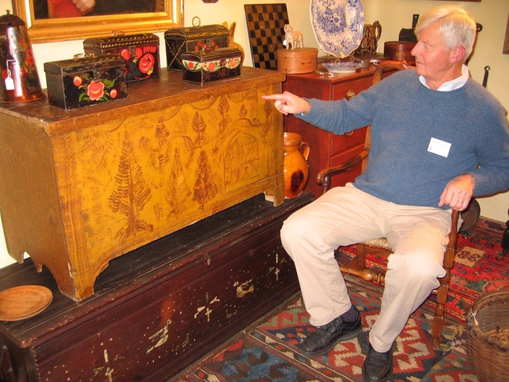 Scranton talks about the finer points of a painted blanket chest. Wethersfield Antiques Show, November 2004.