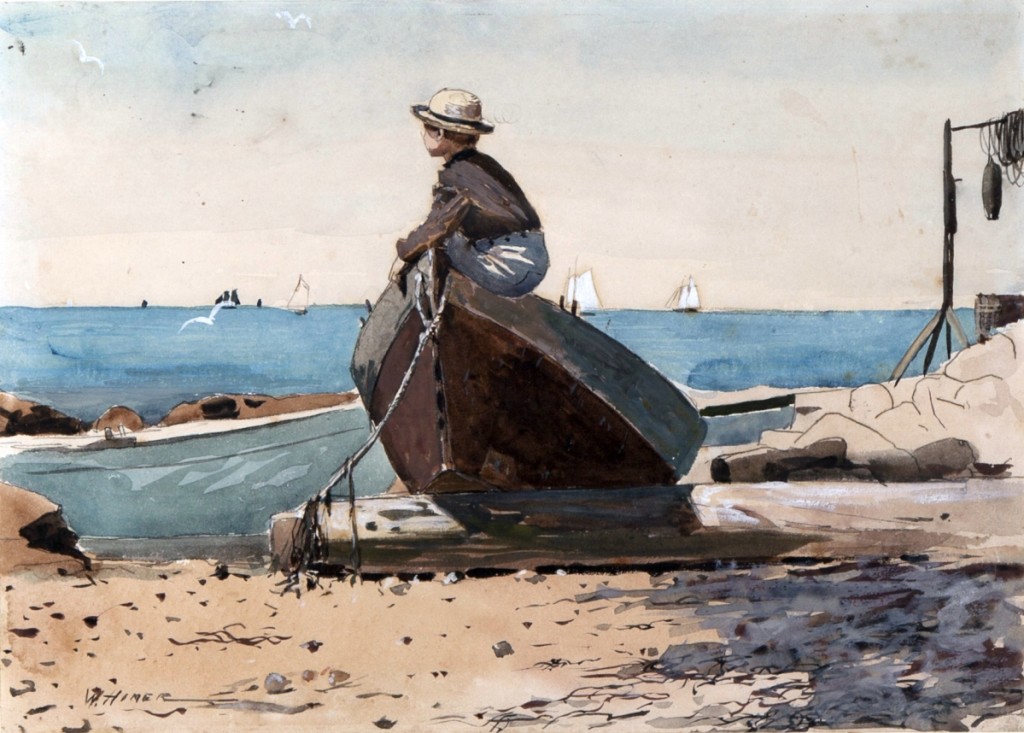 “Waiting for Dad (Longing)” by Winslow Homer, 1873. Transparent and opaque watercolor on wove paper.   Collection of Mills College Art Museum, gift of Jane C. Tolman. — On view at The Cape Ann Museum, “Winslow Homer at the Beach.”