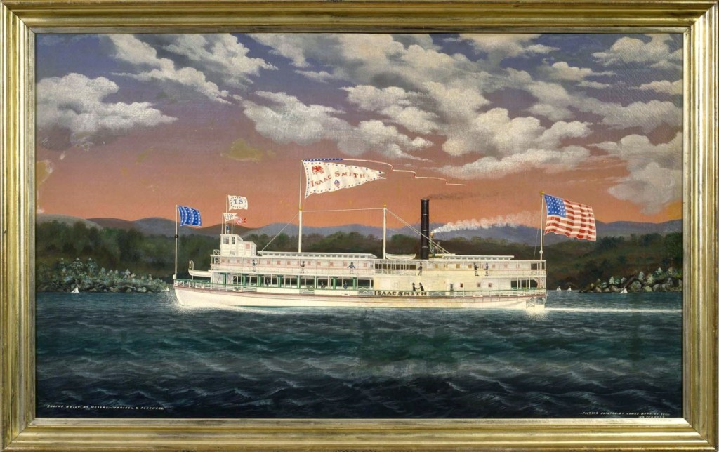 Four James Bard ship portraits sold for a combined total of $158,670. Leading the group was the steamer Isaac Smith with flags flying. It was signed and dated 1861 and reached $45,600.