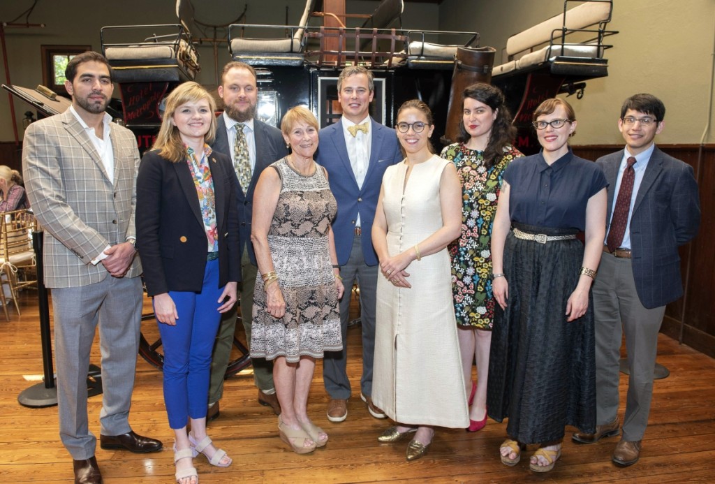 The Decorative Arts Trust made more than 150 awards to young scholars over the past two years. Several recipients spoke at a trust-sponsored symposium in Newport in June. At left, presenters Emilio Ruiz, Jenn Robinson and Taylor Bye. At right, presenters Lea Stephenson, Mariah Gruner and Dan Sousa. Center, from left, Trudy Coxe, chief executive officer of the Preservation Society of Newport County; Matthew A. Thurlow, executive director of the Decorative Arts Trust; and Leslie Jones, the Preservation Society’s director of museum affairs.   —Photo David Hansen, courtesy Preservation Society of Newport County.